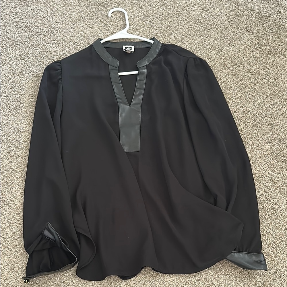 Anne Klein Black Blouse with Mandarin Collar and Long Sleeves